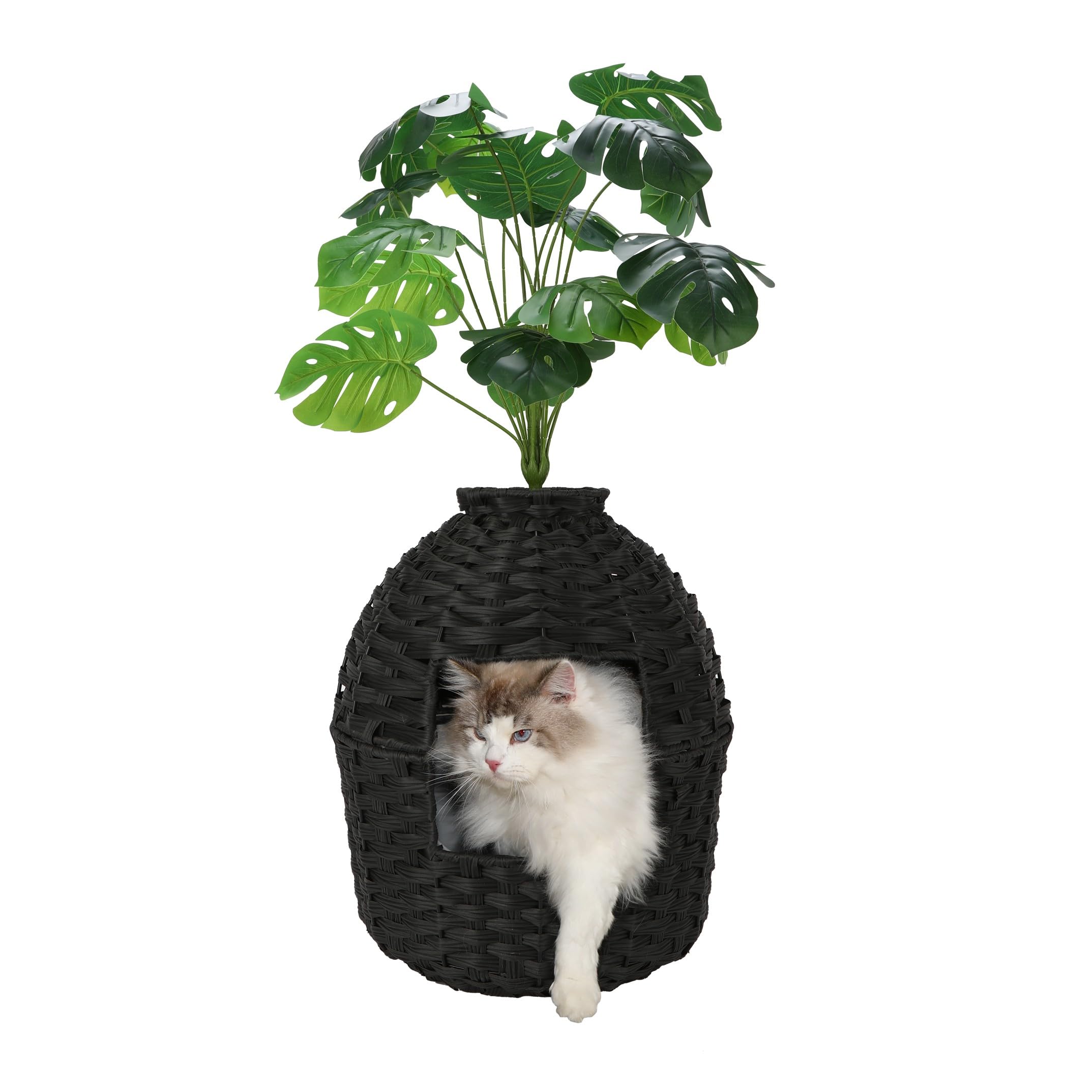 Photo 1 of Petsome Cat ter Box Enclosure with Fake Plant, Plant Litter Box for Large Cat, Handwoven Rattan cat Box Enclosure with Litter Box Inside (Black, 16.4Dx19H)
