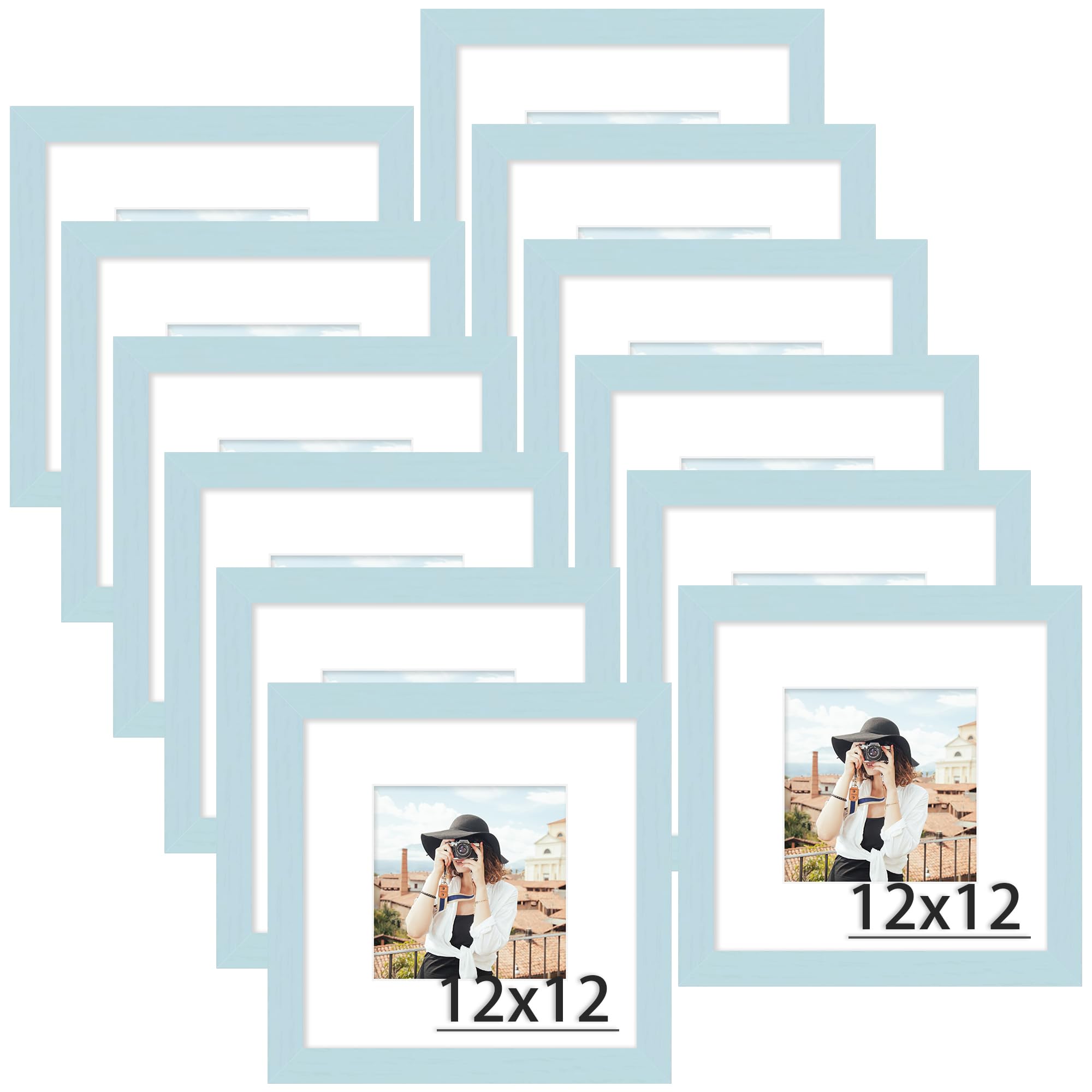 Picrit 12x12 Picture Frame Set of 12, Display 8x8 with Mat or 12 x 12 without Mat, Photo Frames for Wall Mounting Display, Blue