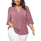 SCOMCHIC Women's Plus Size Blouses 3/4 Sleeve Dressy Tunic Tops Casual Loose V Neck Pleated Shirts
