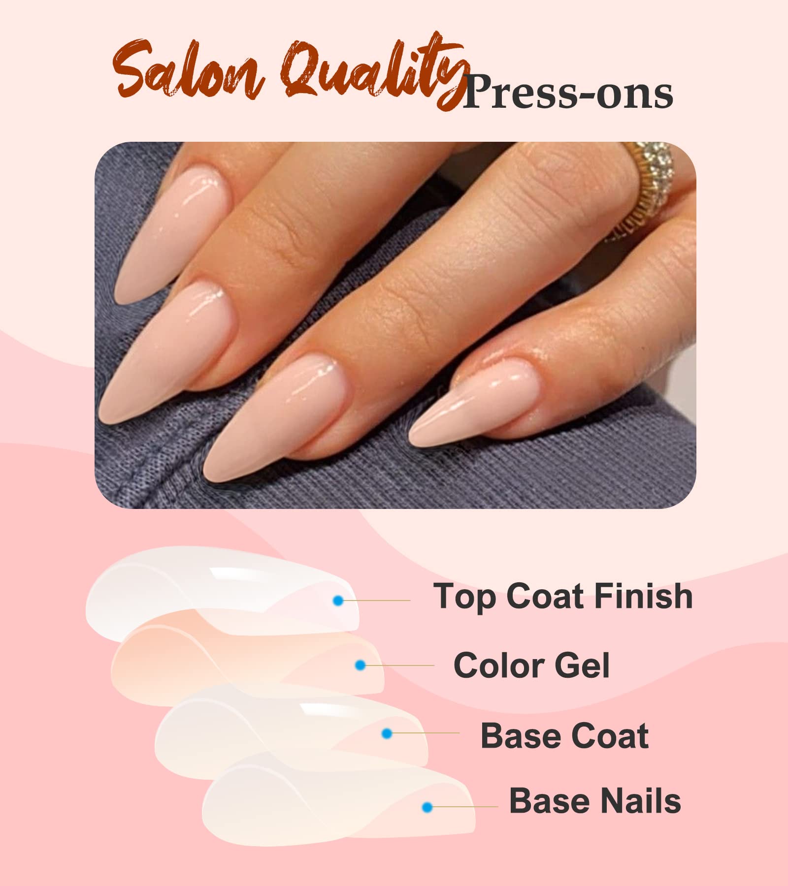 Morily Press on Nails Medium - Nude Almond Fake Nails Solid Color Pink Glossy False Fingernails in 15 Sizes, Long Stick on Nails for Women - 30Pcs - Image 3