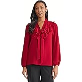 Kasper Womens Long Sleeve Ruffled, Tie-Front Top