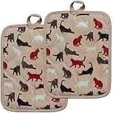 Pot Holders Set of 2 Heat Resistant 480 ℉ Kitchen Non Slip Clear Silicone Printed Comfortable Cotton Lining Women Men Cooking Barbecue Microwave Machine Washable (Cat, Khaki Potholders)