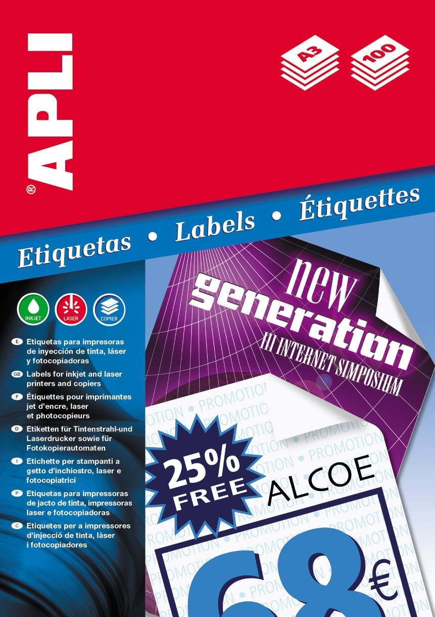 APLI Label Sheets 297 x 420 mm A3 (Pack of 100 White