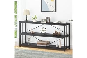 LVB Black Entryway Table, Modern Long Sofa Console Table Behind Couch, Industrial Narrow Entry Table for Hallway Living Room, Farmhouse Wood Metal Foyer Table with Storage Shelves, Black Oak, 63 Inch