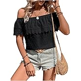 MakeMeChic Women's Off The Shoulder Tops Short Sleeve Loose Lace Summer Top