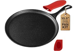 HEROFIBER Cast Iron Round Griddle 10.5 Inch - Pre-Seasoned Pan with Heat-Resistant Handle and Scraper for Stove Top, Campfire, Indoor, Outdoor Cooking, Oven-Safe Durable Cookware
