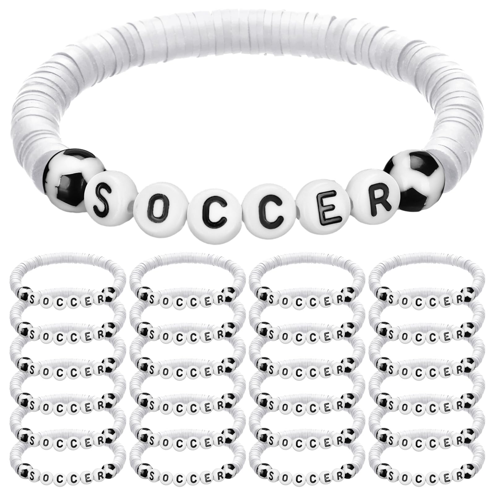 Photo 1 of Trnayi 24 Pcs Soccer Bracelets Stackable Clay Beaded Bracelets Soccer Party Favors Beaded Ball Adjustable Clay Bracelet Jewelry Sports Gifts Supplies for Teen Adults(White)