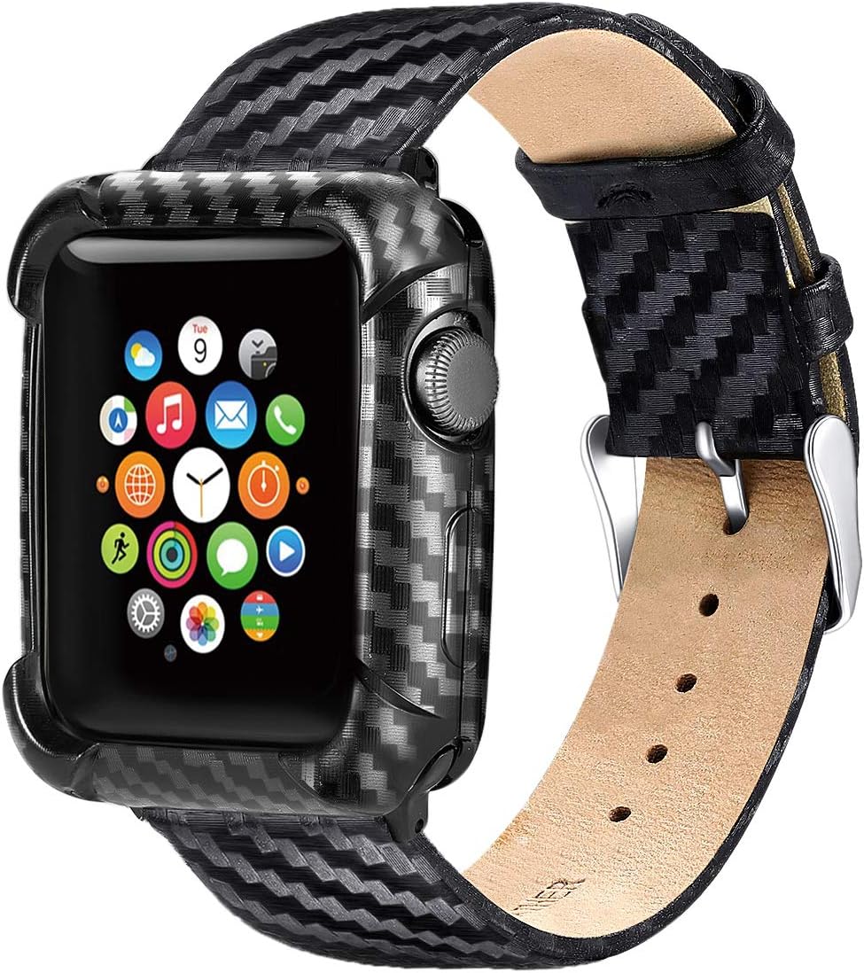 Leather Bands with Carbon Fiber Protective Heavy Duty Case with Soft TPU Bumper [Slim Thin] Case Compatible Apple Watch 40mm Series 5 Series 4 with Reinforced Corner Bumpers Case with Leather Bands