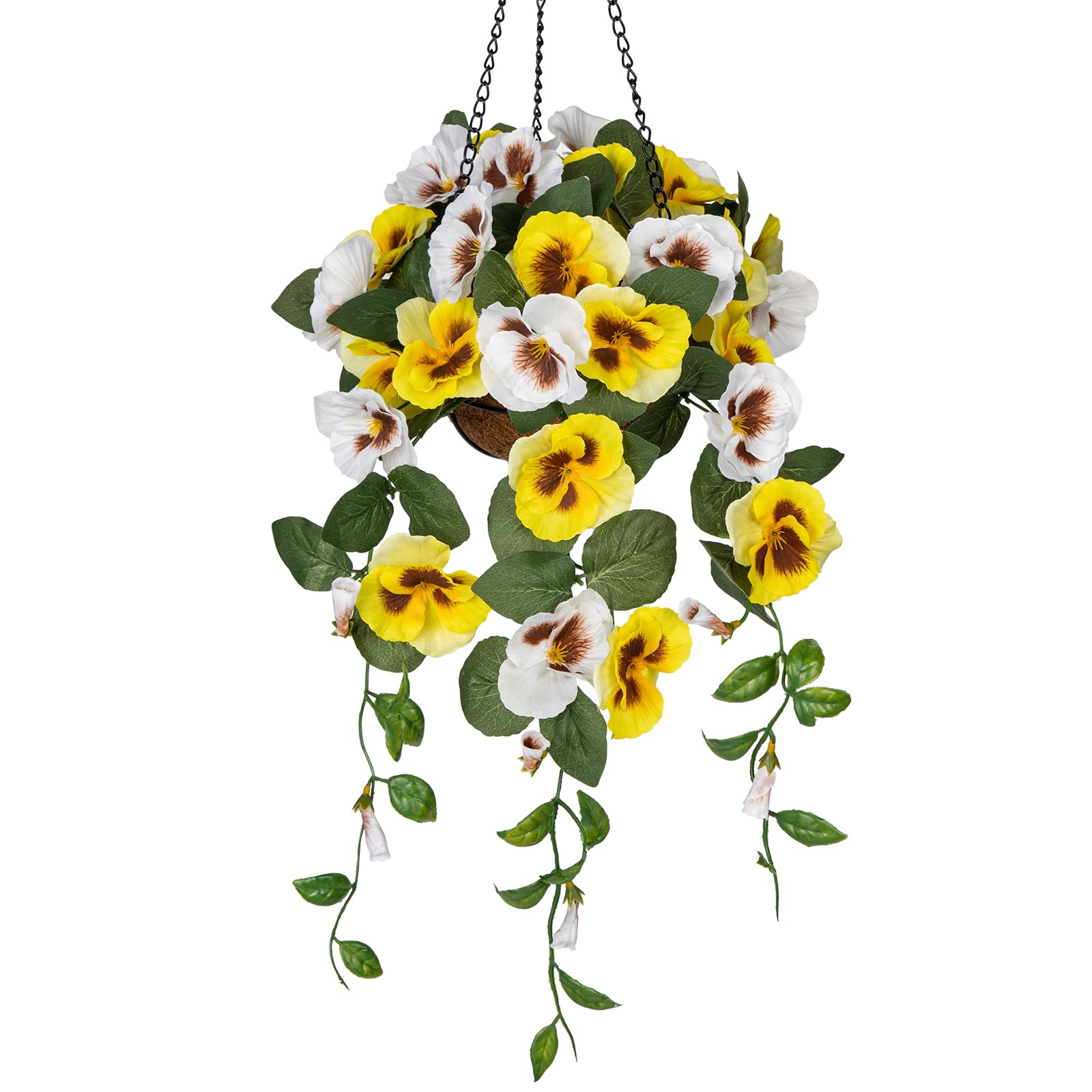 Hollyone 17.7" Hanging Basket Artificial Flowers Outdoor, Silk Pansies Yellow and White Fake Flowers, Balcony Accessories Home Decorations for Garden, Front Door