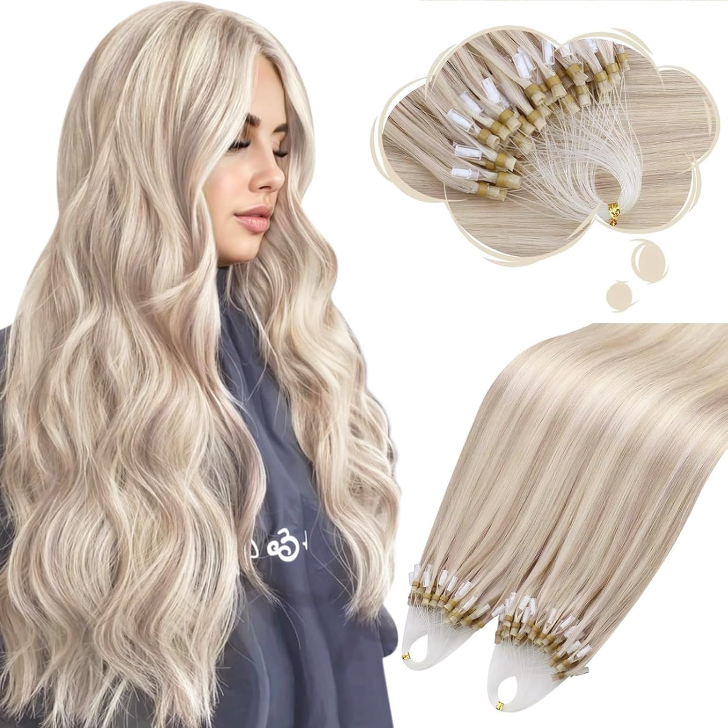 Moresoo Ash Blonde & Platinum Blonde Microloop Hair Extensions, 18 Inch, Straight, 1G/Strand, 50g/Pack, Micro Ring Installation — image 1