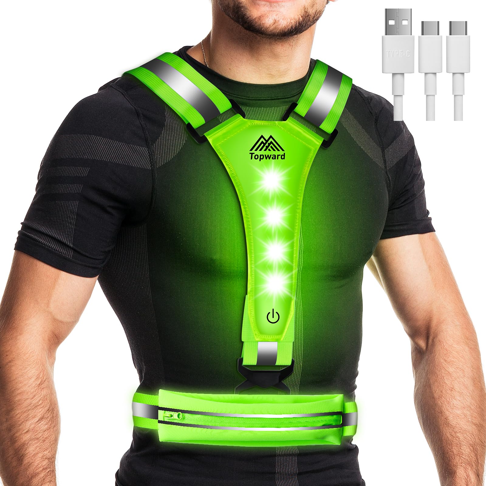 Topward LED Reflective Vest - Running Phone Holder Vest for Runners, USB-C Rechargeable, Lights for Night Dog Walking Cycling, High Visibility Safety Gear with Adjustable Waist/Shoulder