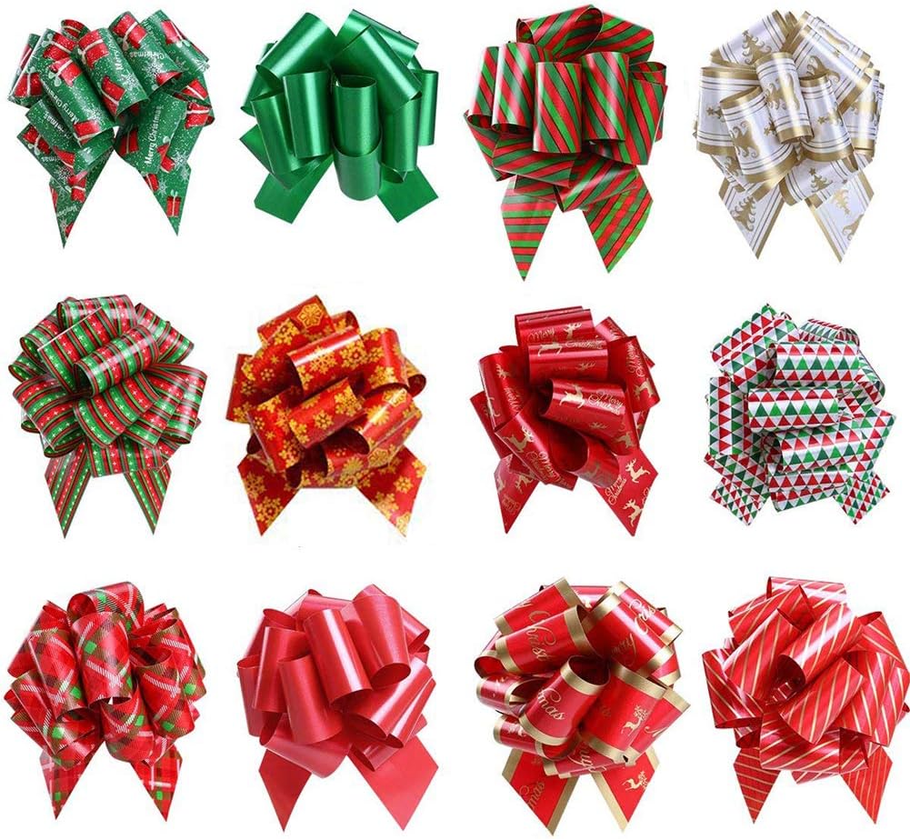 Christmas Ribbon Pull Bows for Holiday Decoration, Christmas Wrapping, Bows, Baskets and Wine Bottles Decoration Pack of 12