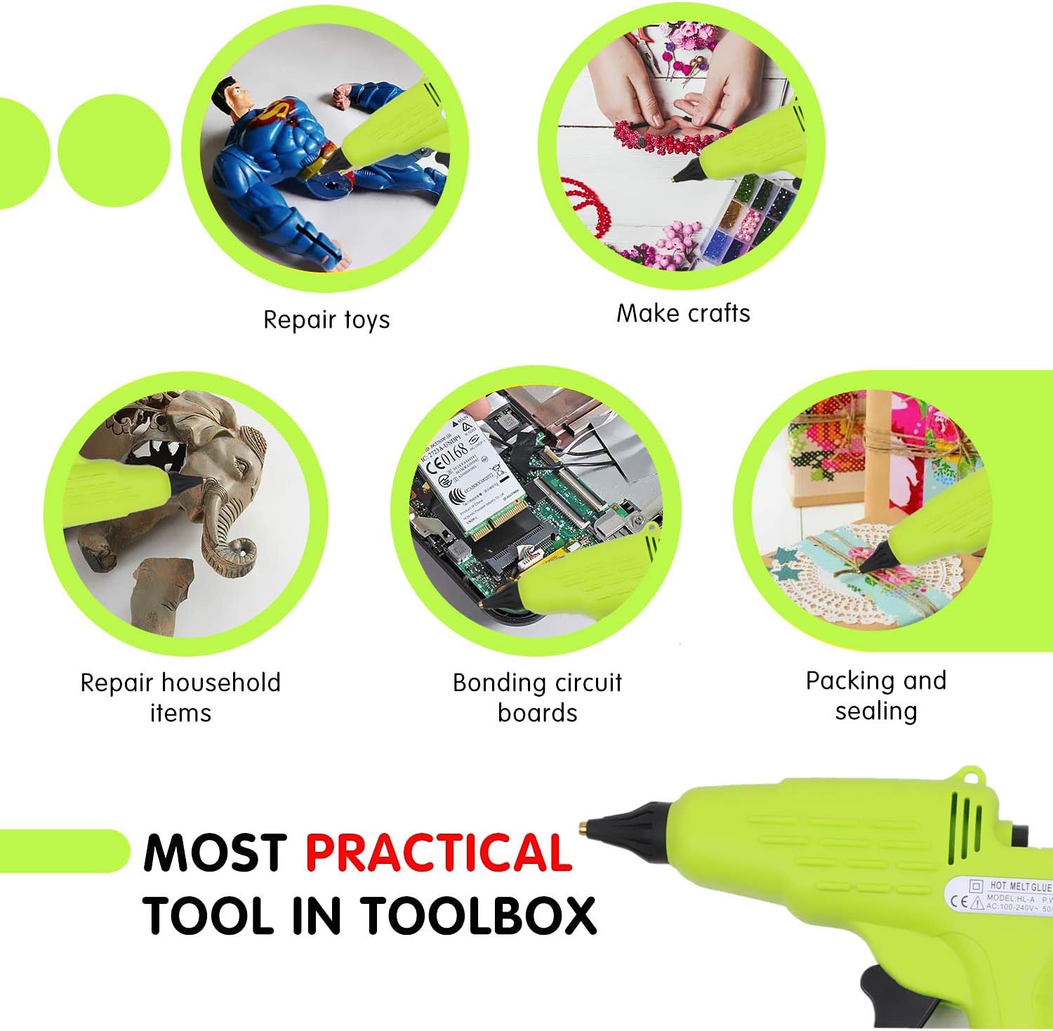 Full Size Hot Glue Gun 60W Craft Glue Gun with Nozzle & 10Pcs 11 mm Glue Sticks and Hot Melt Glue Gun with Switch for DIY, Arts & Crafts, Home and Office Quick Repairs (green): Home Improvement