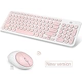 Fashion Wireless Keyboard and Mouse Combo, FD iK6630 2.4GHz Cordless Cute Round Key Smart Power-saving Ultra Slim Combo for Laptop, Computer and Mac (Salmon Pink & White)