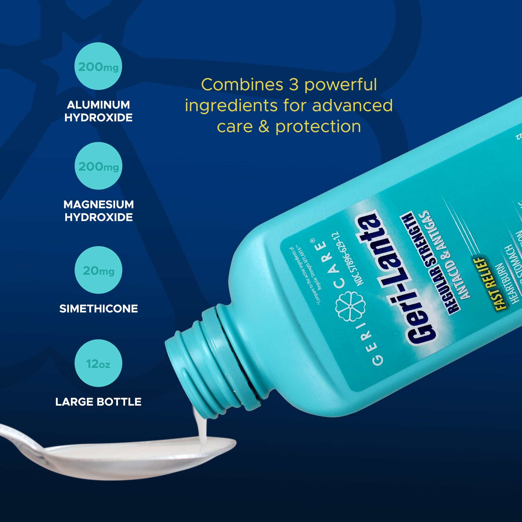 Geri-Lanta Liquid Antacid & Antigas By GeriCare| Regular Strength Acid Reducer For Heartburn, Sour Stomach, Acid Indigestion, Pressure & Bloating| Oral Gas Indigestion Relief| Original Flavor|12 fl oz