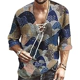 Rela Bota Men's Fashion Shirt Beach Printing Yoga African Summer Top | V-Neck Drawstring,3/5 Short Sleeve,Big and Tall,Linen Tunic,Breathable,Flowy,Hawaiian,Bohemian,Hippie,Pirate,Renaissance