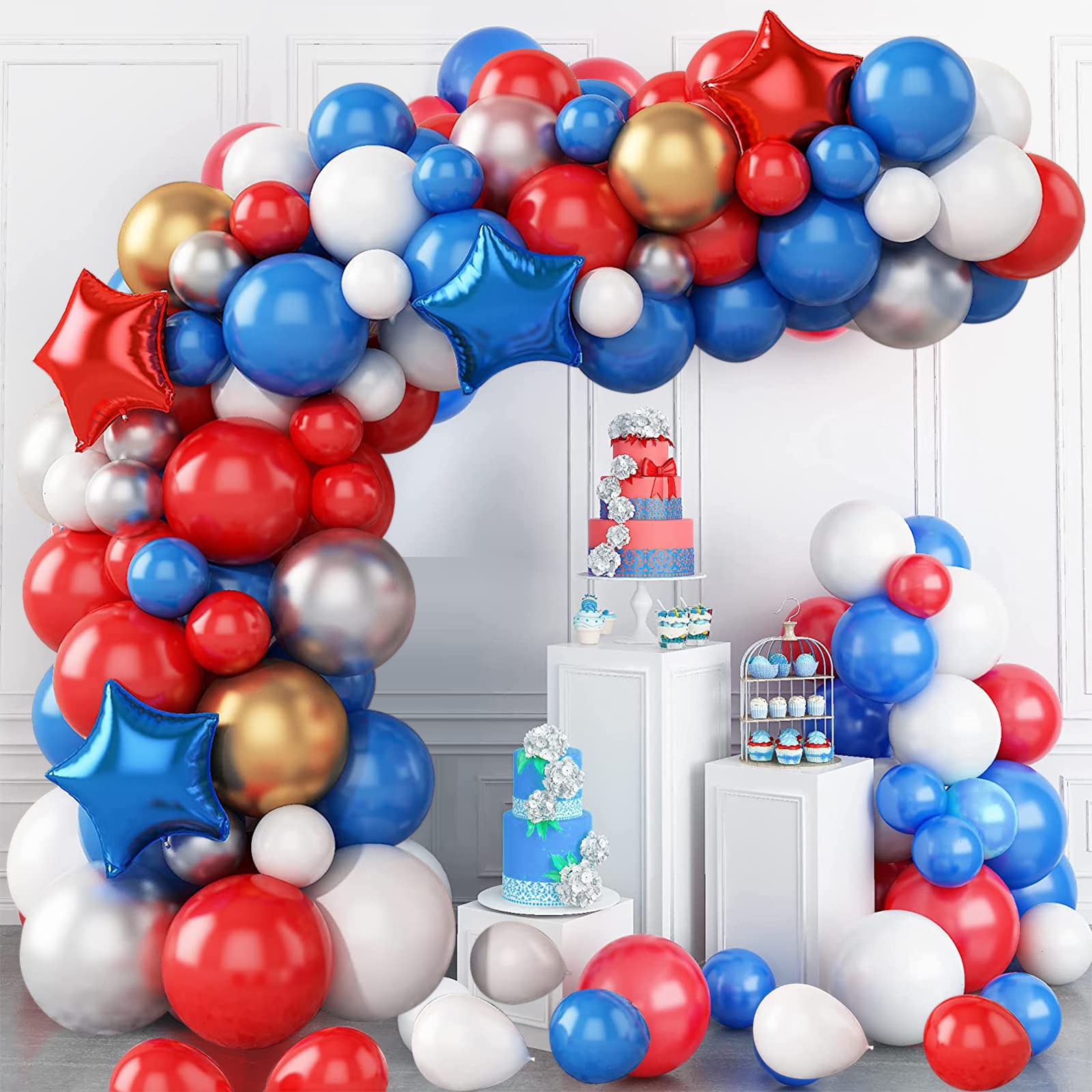 NiCoLa 80PCS Blue, Red, Gold, White & Silver Balloons Kit - Round & Star Shapes - Birthday Party Decoration for Boys - Carnival, Circus Theme