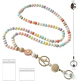 Disstong Wooden Beaded Lanyard for Women - Teacher Nurse ID Badge Holder - Retractable Breakaway Keychain for Keys