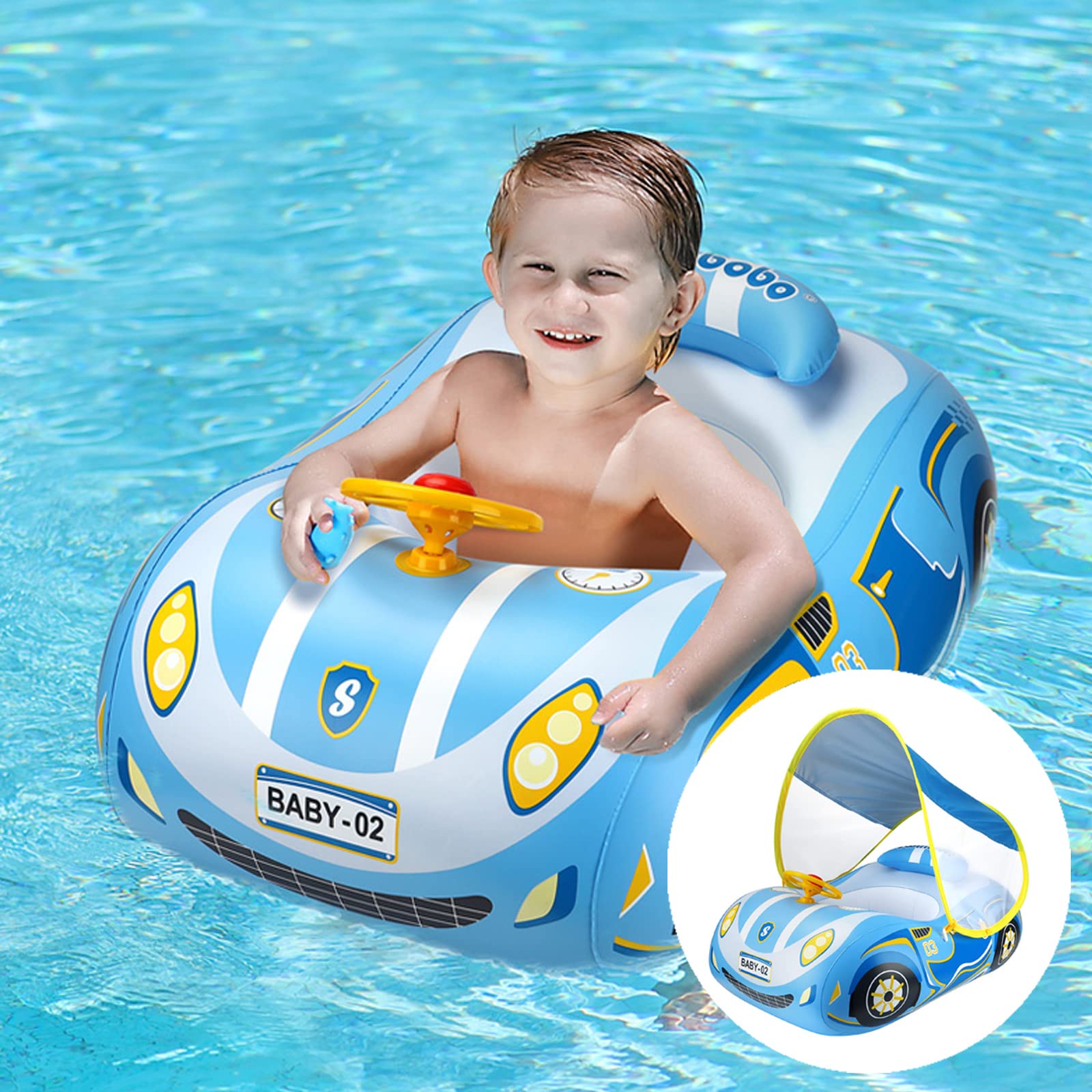 Inflatable Baby Swimming Float - SPF50+ Baby Pool Float with Canopy and Adjustable Back Straps, Baby Swimming Ring with Anti-Flip Tail for 36 Months(10-20KG)