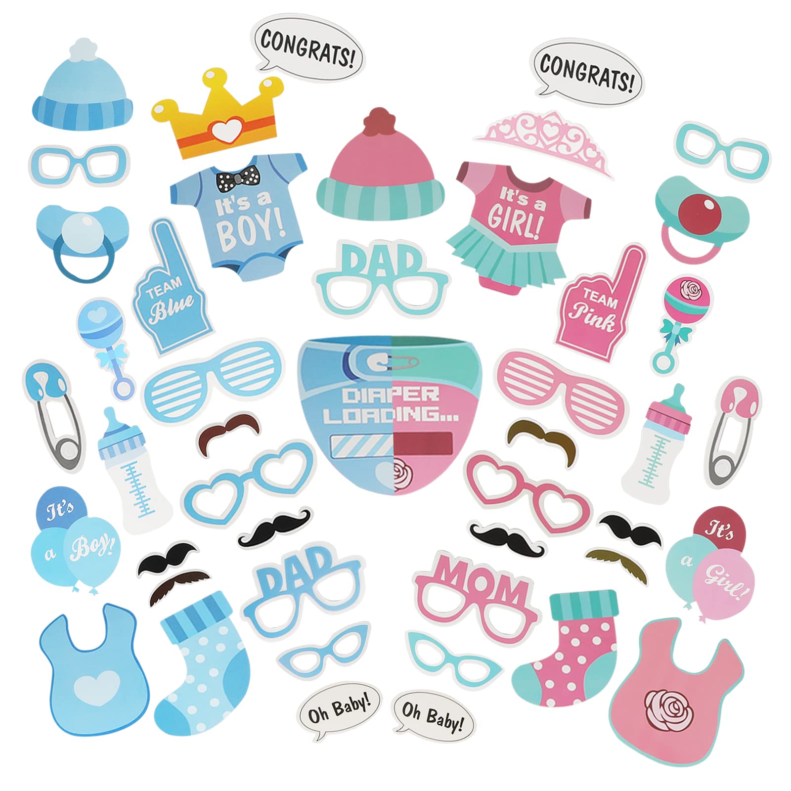 BOZILY 50pcs Baby Shower Photo Booth Props for Gender Reveal, Unisex Newborn Boy Girl Party Decorations, Banquet Supplies DIY Set