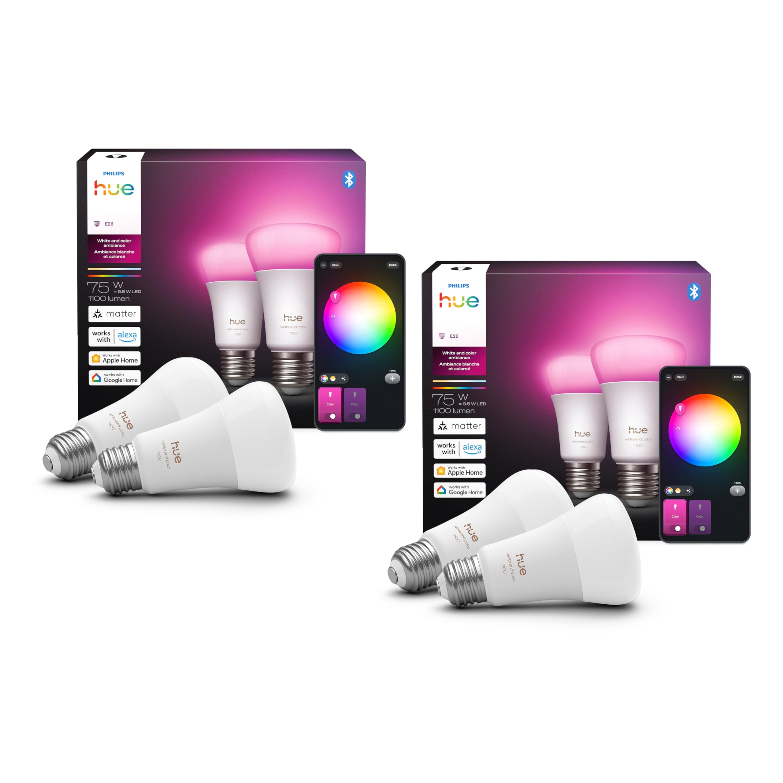 Philips Hue Smart LED A19 Bulb, White and Color Ambiance, E26 Base,10.5W, Full Spectrum Light 1000K-20000K,1100 Lumens, Dimmable,Compatible with Alexa,Google, Apple Home, 4pk Image