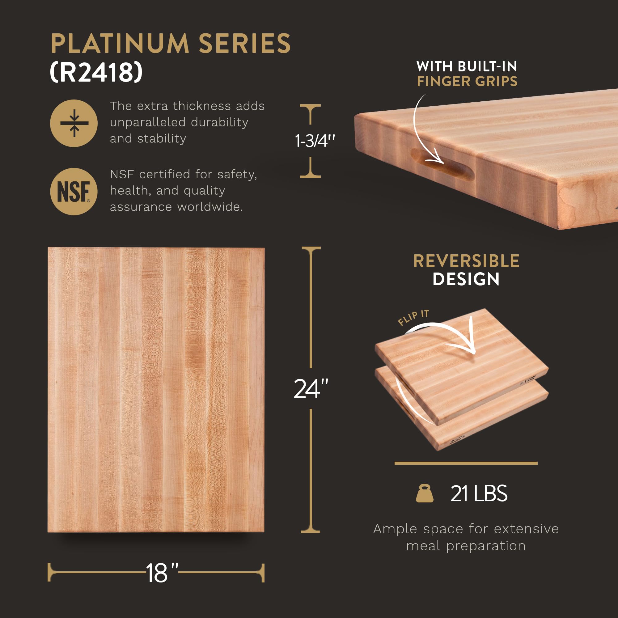John Boos Platinum Commercial Series Rectangular Wooden Maple Cutting Board 24”x18” – 1.75” Thick, 21-lb Reversible Butcher Block with 1/4” Radius Edges, Edge-Grain & Finger Grips – Made in the USA