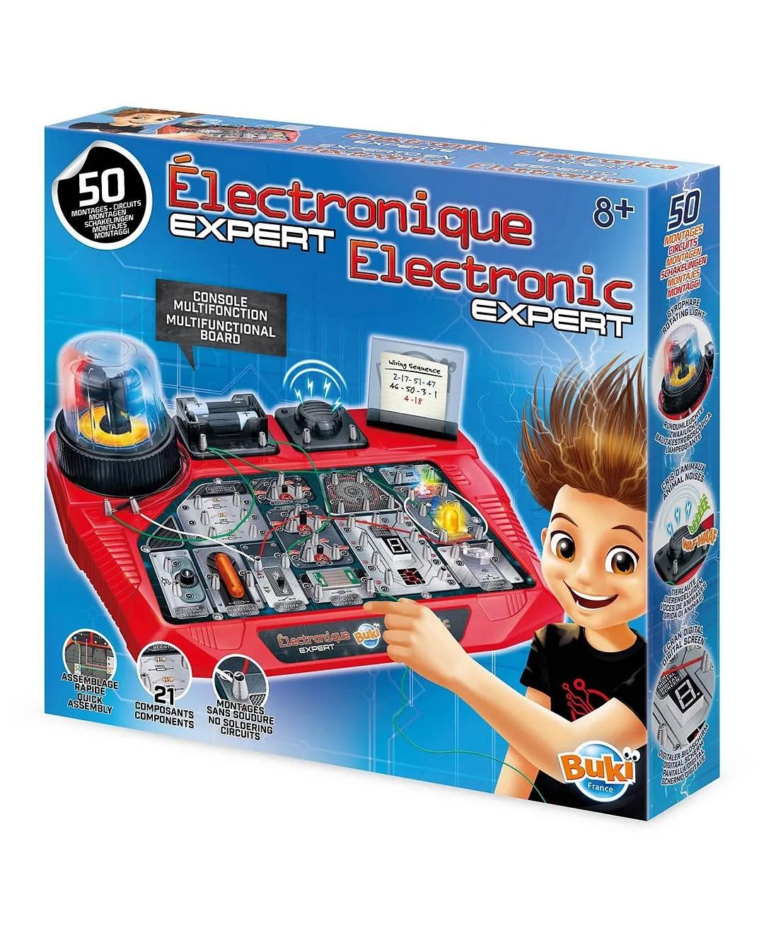 Buki Electronic Expert - Electric Circuit Kits For Children, STEM Kids Science Kit, 50 Circuits & Components, Resistors, Diodes, LEDs, Switches & Rotating Lights – No-Solder Experiments for Kids 8+