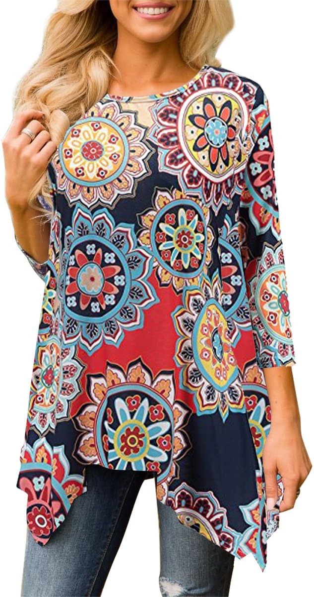 Women's Spring Floral Print 3/4 Sleeve Irregular Hem Asymmetrical Tunic Loose Long Blouse Tops