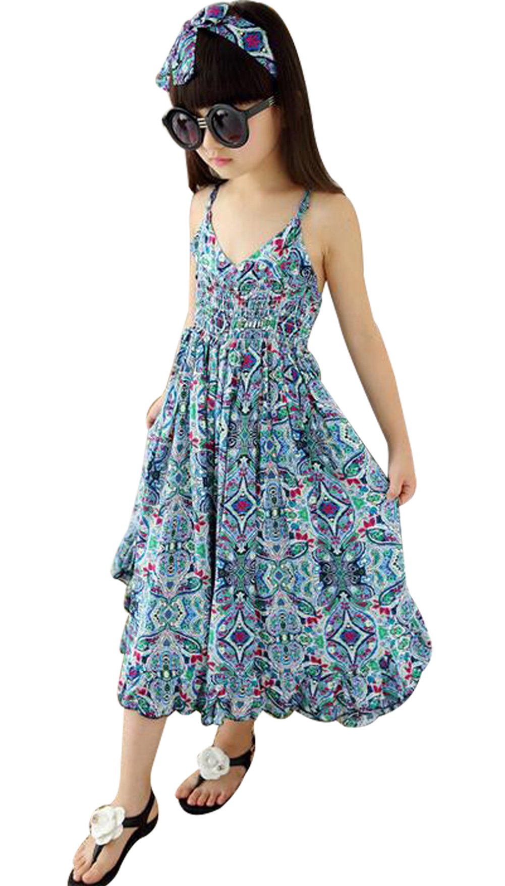 BANGELY Boho Beach Floral Print Dress Jumpsuit for Kids Girls Summer