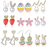 Kigeli 9 Pairs Easter Earrings for Women, Metal Spring Easter Earrings Bulk Cute Enamel Pearl Bunny Ear Egg Carrot Shaped Jewelry for Holiday Basket Party Party Favors Gift