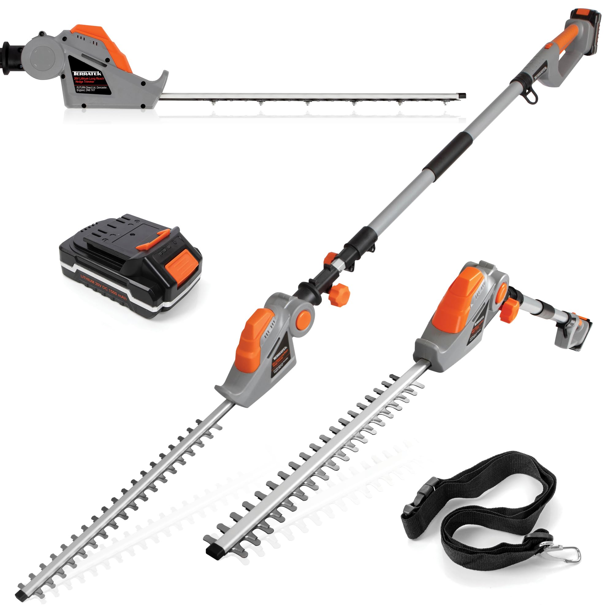 Terratek Cordless Hedge Trimmer Long Reach 20V 1HR Fast Charge, 2.4m Telescopic Hedge Trimmer Cordless Hedge Cutter with 1x Battery, Shoulder Strap and Charger Included, Grey & Orange