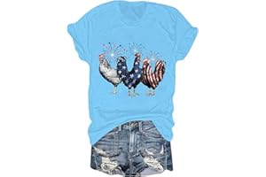Uscharm Womens USA Flag Chicken Fireworks Patriotic Short Sleeve 4th of July T Shirts Red White and Blue Stars Striped Tees
