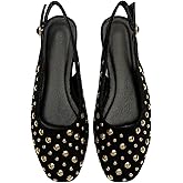 BEAUDRM Women's Studded Slingback Flats Closed Toe Low Heel Ballet Flats Casual Party Cap Toe Dressy Shoes