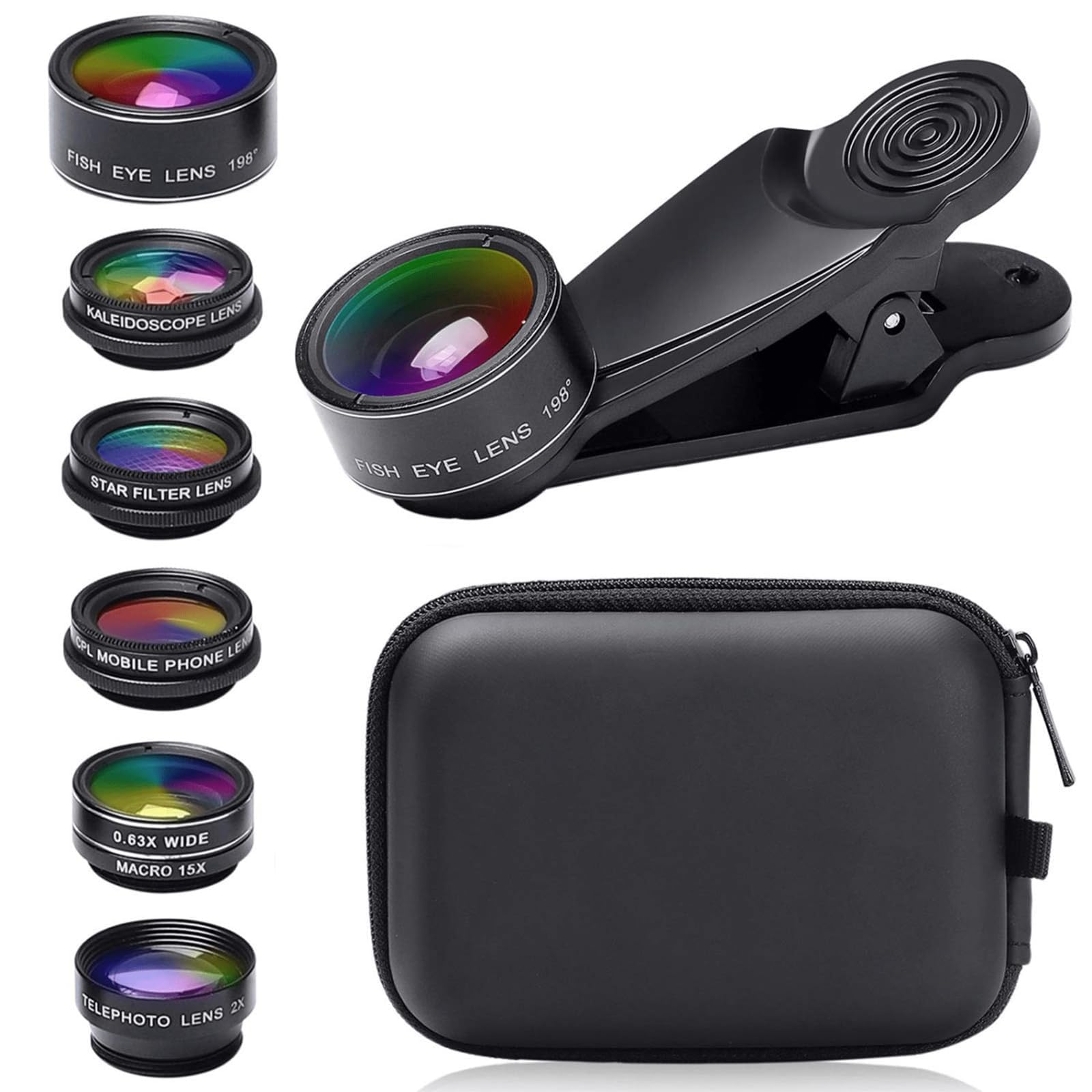 GAESHOW Phone Camera Lens Kit, 7inPhone Lens Attachments Clip-on Smartphone Lens Kit with 0.63x° Wide Angle Lens & 15x Macro Lens, 198° Fisheye Lens, 2xTelephoto Lens for Most Smartphones