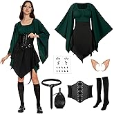 7Pcs Women Elf Renaissance Costume Traditional Irish Dress Fairy Costume for Halloween Cosplay