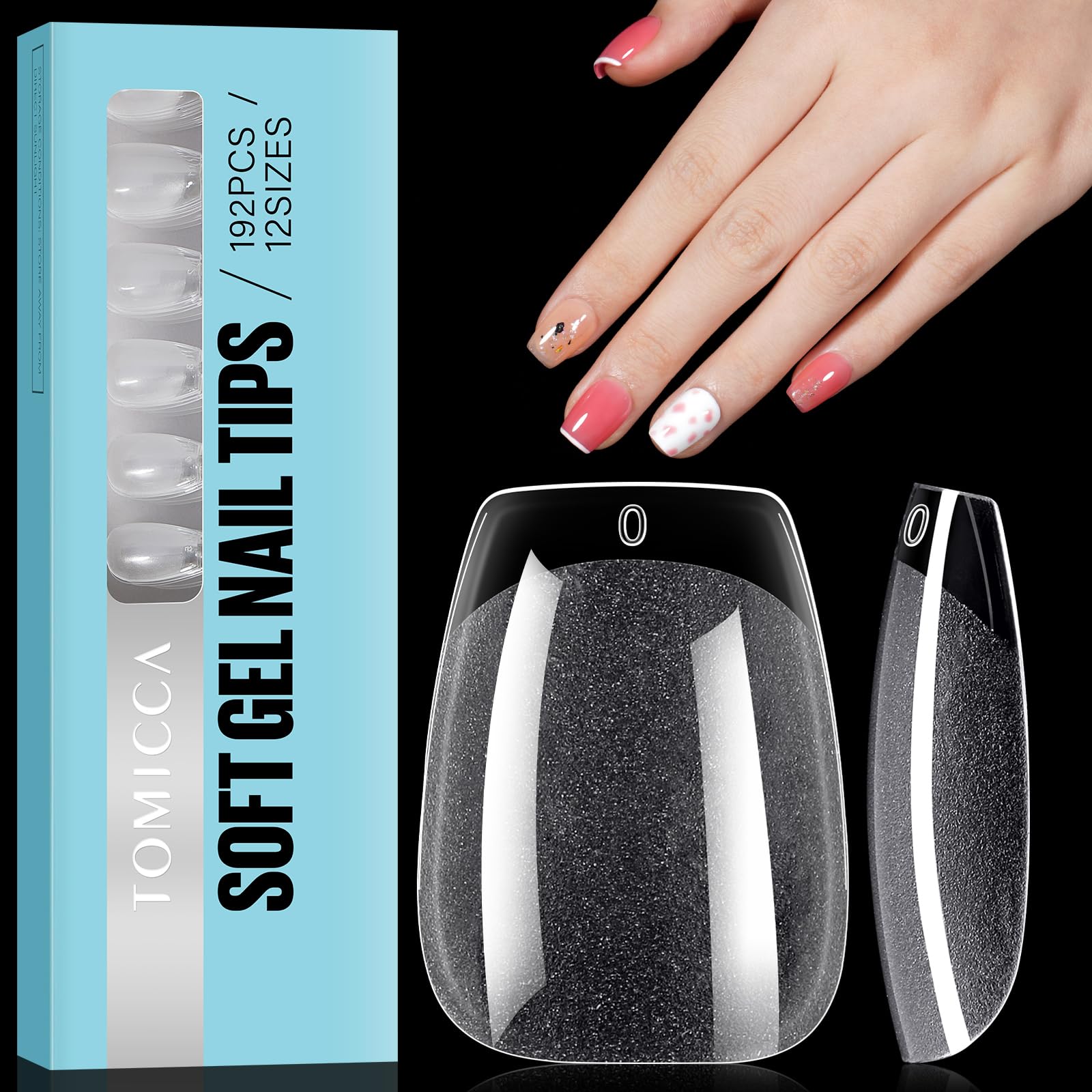 TOMICCA Coffin Shaped Short Nail Tips - 192PCS Half Matte Soft Gel, No File Needed- Full Cover False Nails, Clear Acrylic & Strong Tips for Press On Extension - 12 Sizes — image 1