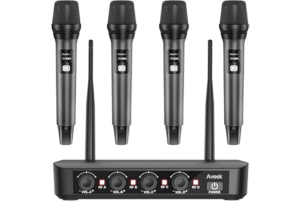 Aveek Wireless Microphone System with 4-Pack Dynamic Handheld Mics, 262ft Long Range, 40-Hour Battery, Low Latency Studio Sound for Karaoke, Singing, Speech, Church, Stage, Wedding, DJ & Events