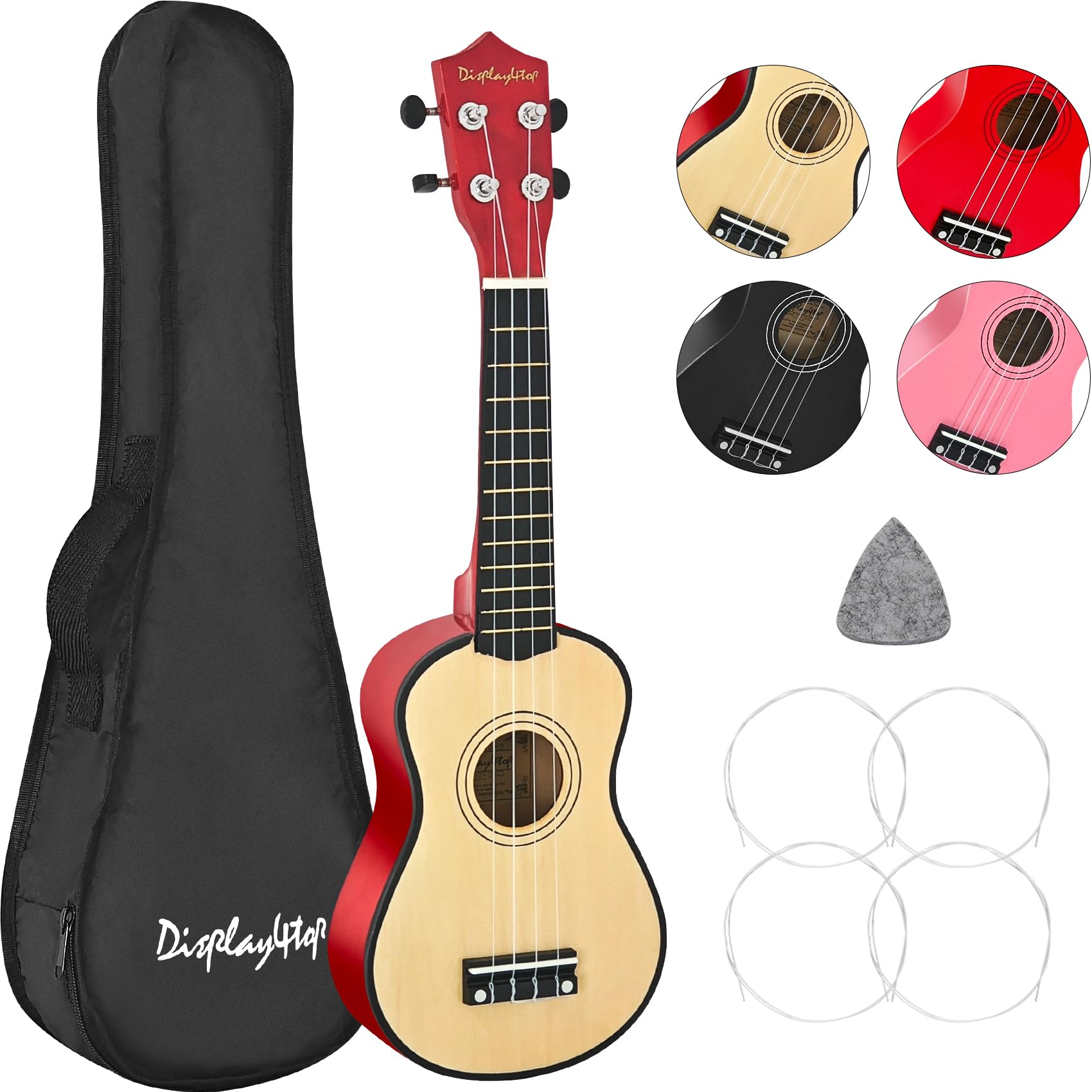 Display4top 21 Inch Soprano Ukulele, Professonial Ukele for Kids Bundle with Gig Bag, Picks,Extra Strings (Natural)