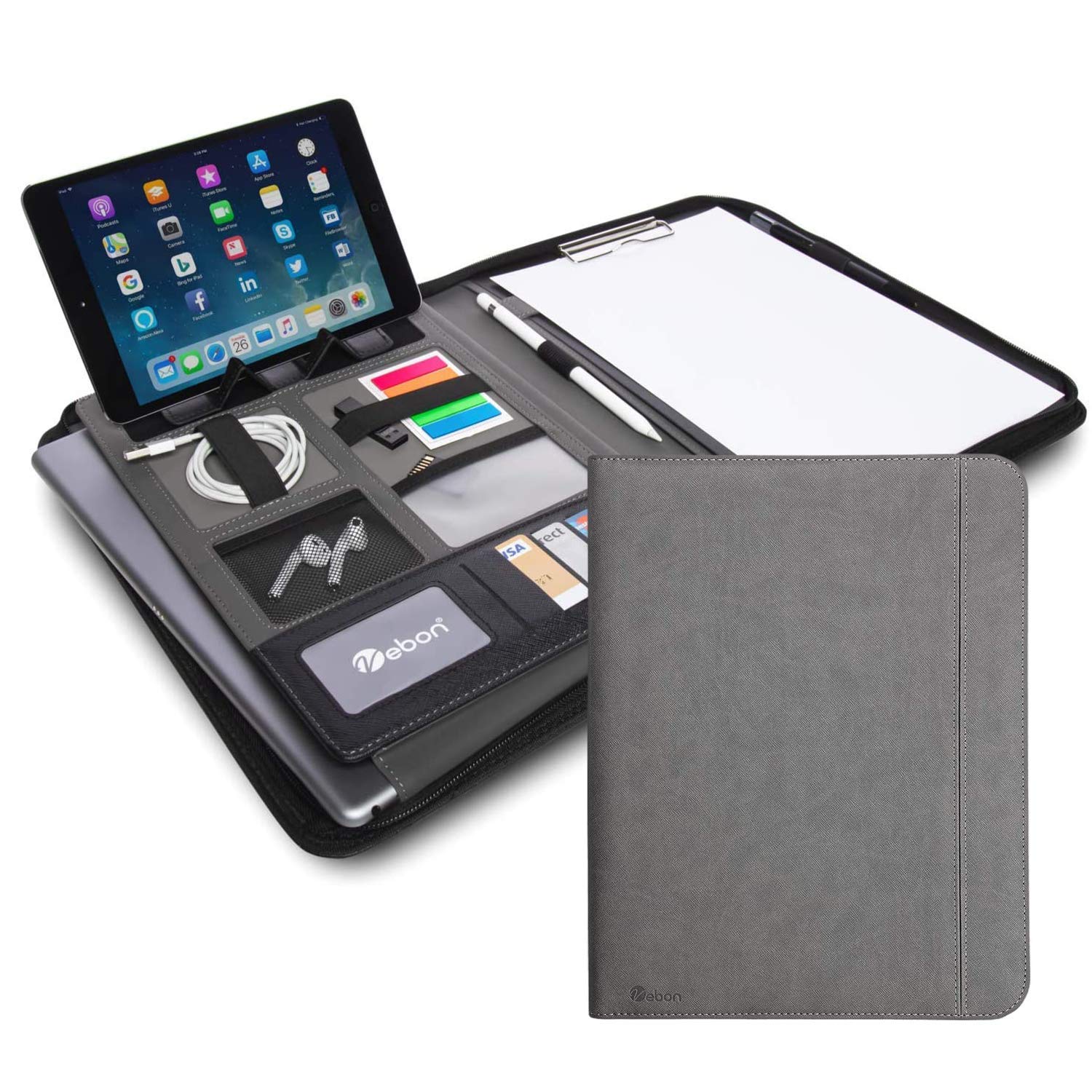 Vebon A4 London Conference Folder Vegan Leather with Zip I Briefcase + Laptop Bag I 2 in 1 Smartphone Holder + Clip Holder, Phantom Grey