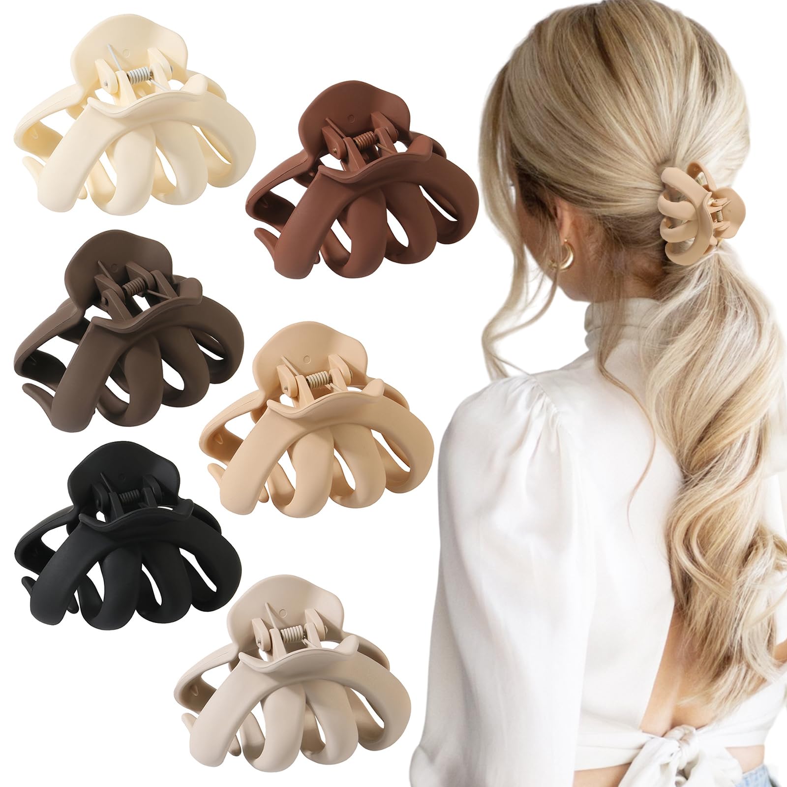 6 Pack Matte Octopus Hair Claw Clips - 2.8inch Non-slip Jaw Clips for Thick Curly Long Hair - Wide Grip Hair Accessories for Women & Girls