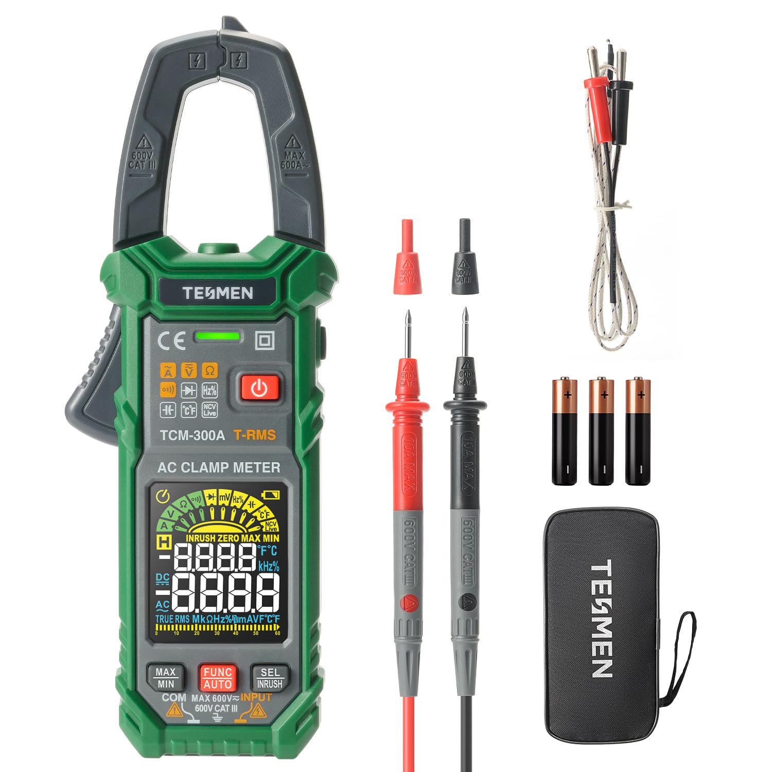 TESMEN TCM-300A Inrush Clamp Meter Multimeter 6000 Counts TRMS, Auto-Ranging Voltmeter Amp Meter with AC Current Capacitance AC/DC Voltage NCV/Live Wire Resistance Diode Temperature Continuity – Green