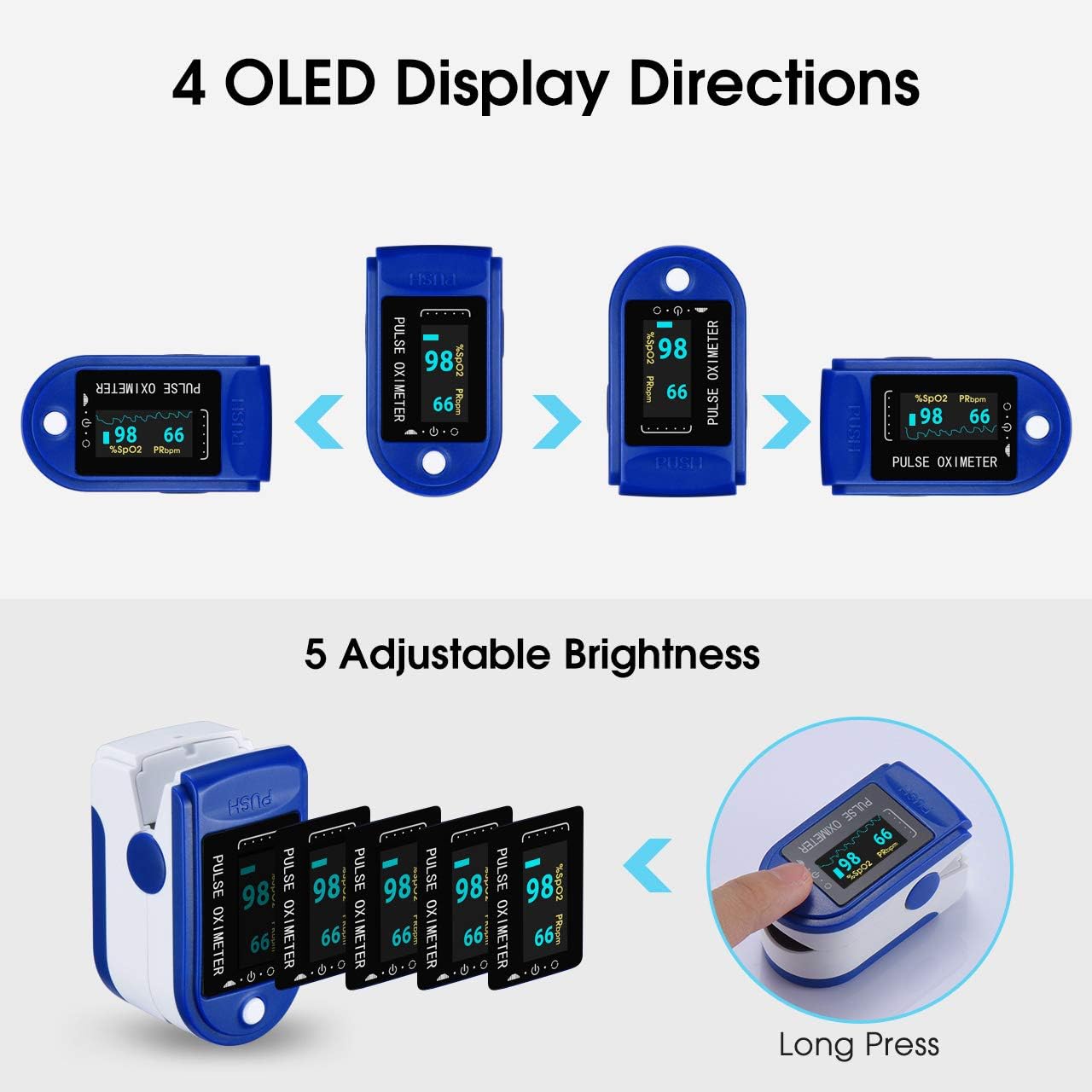 Bingua.com - OxÃmetro de pulso para dedos, oxÃmetro ATMOKO para dedos,  monitor de saturaciÃ³n de oxÃgeno en sangre, monitor de frecuencia cardÃaca  de nivel SpO2, pantalla digital OLED y 4 lecturas giratorias
