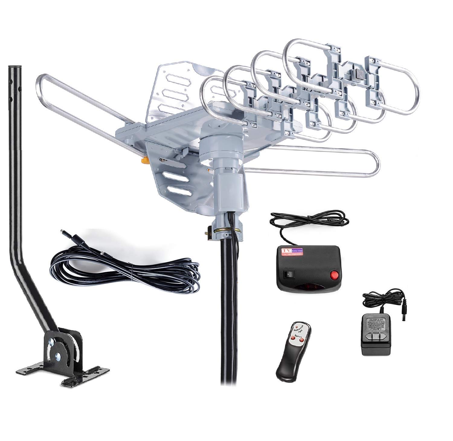 McDuory Outdoor 150 Miles Digital Antenna 360 Degree Rotation Amplified HDTV Antenna -Support 2 TVs-UHF/VHF/1080P/4K - Infrared Remote - 40ft RG6 Cable and Mounting Pole Included