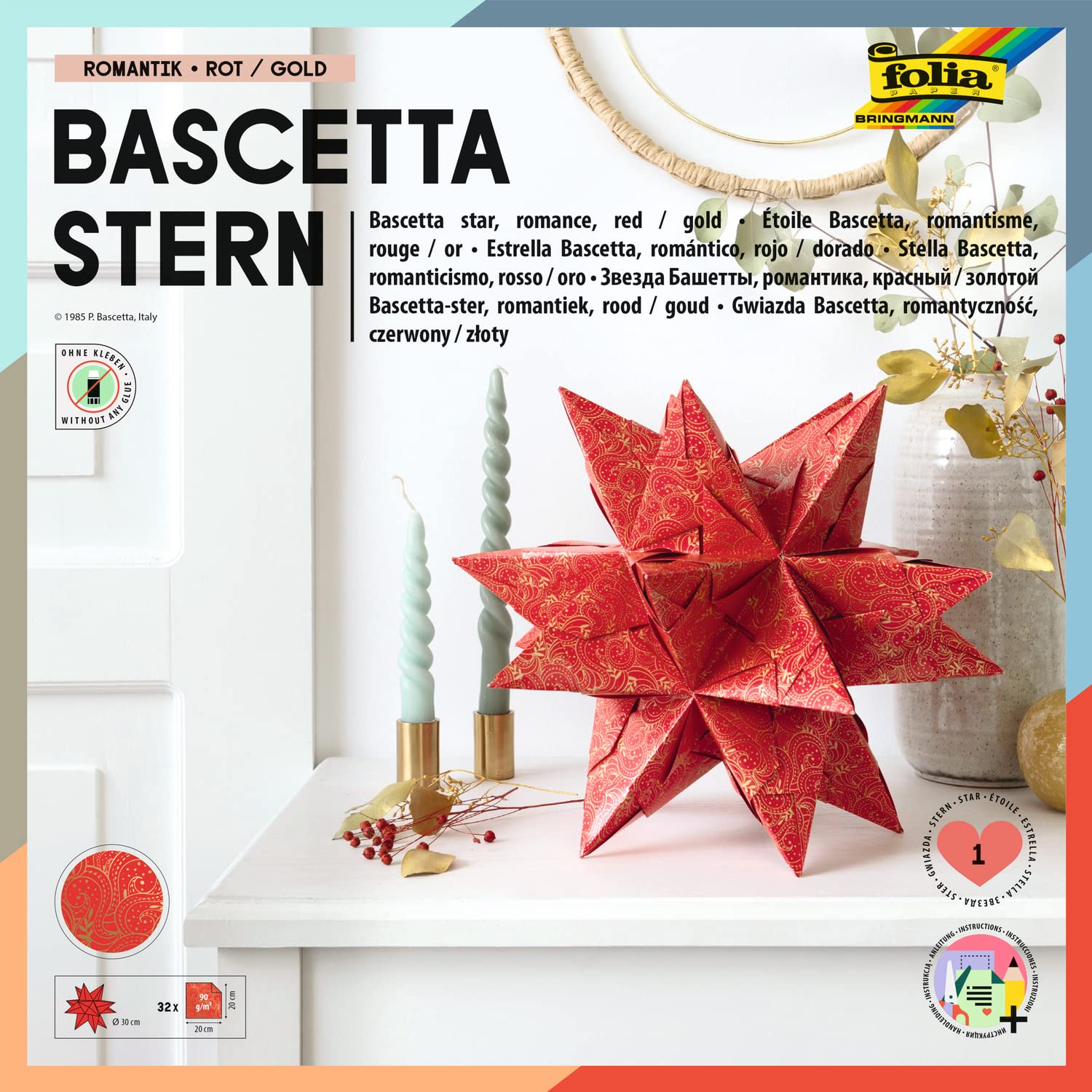 folia 408/2020 - Craft Set Bascetta Star Winter Ornament Red/Gold, 32 Sheets, 20 x 20 cm, Finished Size of Paper Star Approx. 30 cm, with Detailed Instructions (English Language not Guaranteed) -