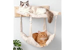JSPYFITS Wooden Cat Wall Hammock, 18.9 x 12.6 Inch Double Layer Cat Furniture Hammock, Large Removable Multi-Function Cats Bed for Sleep/Play/Climb/Lounge Easy DIY Installation(Beige)