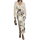 ZEEJINNG Women's Long Sleeve Satin Floral Bodycon Maxi Dress V Neck Elegant Party Wedding Guest Long Dresses