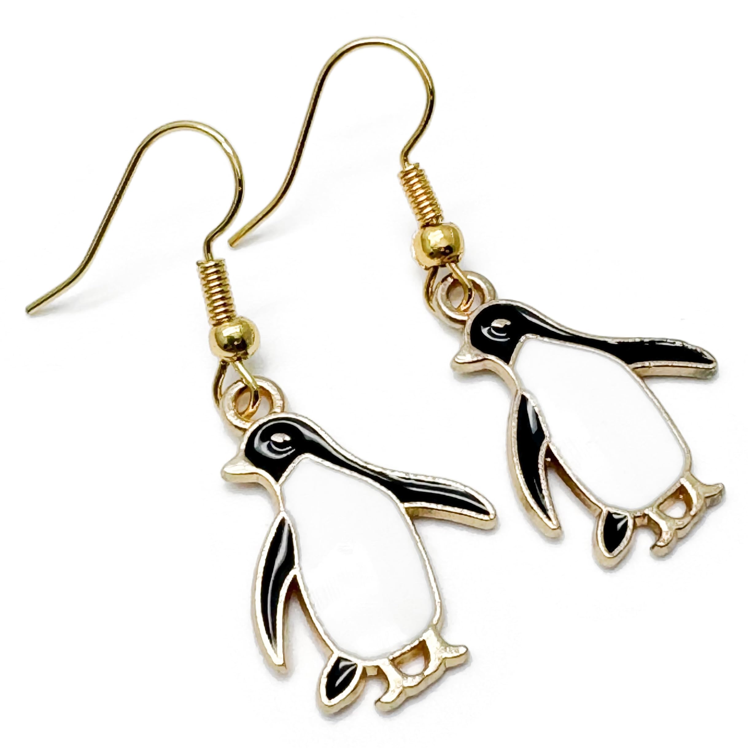 Penguin Charm Earrings, Super Cute White and Black Enamel Charm Beads on Nickel Free Gold Tone Hooks : 41mm long, Handmade Gift for Women Bird Lovers