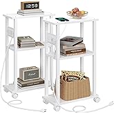 TUTOTAK Small Narrow Side Table with Charging Station, Set of 2 Skinny End Table for Small Spaces, Slim Nightstand with USB Ports and Outlet,Sofa Beside Table with Wheels, White TB01BW047