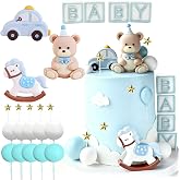 Tyotrbs Teddy Bear Cake Topper, Bear Cake Toppers Teddy Bear Birthday Cake Decorations Baby Bear Baby Shower Cake Topper Bears Decoration with Blue Balls for Baby Shower Birthday