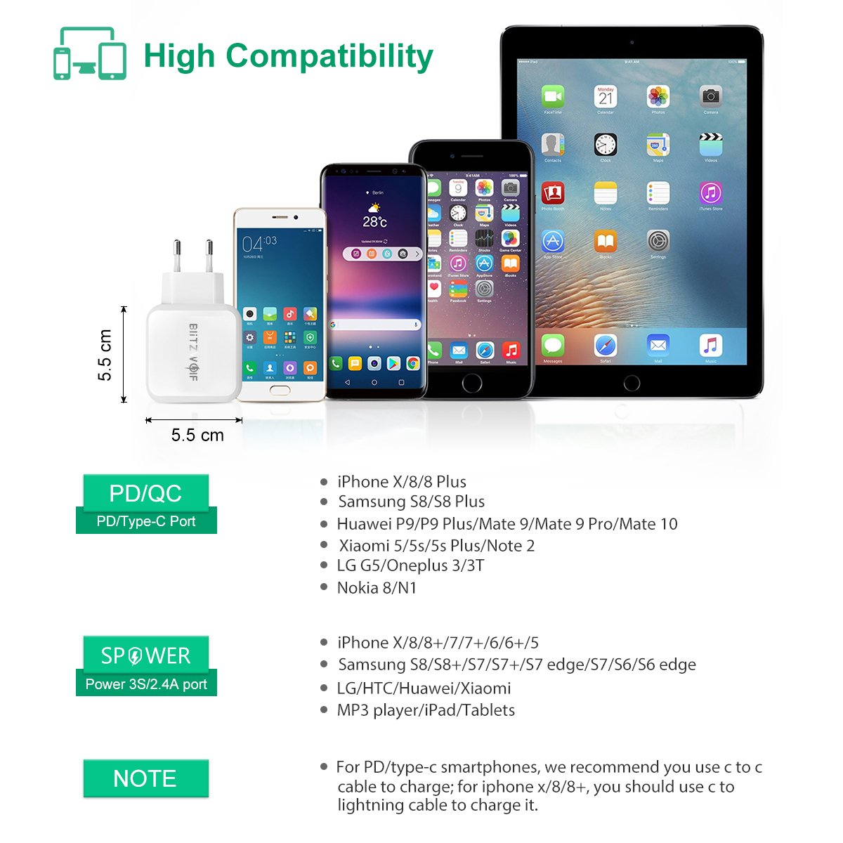 USB C Ladegerät mit Power Delivery, BlitzWolf QC3.0 30W 2-Port (Typ C PD & 5V 2.4A) USB Netzteil Typ C PD Ladegerät für iPhone X / 8/7/6 / 6S / 5S, Samsung Galaxy S9 / S8 / S8 Plus, Huawei P9 / Mate 9, HTC, LG, Xiaomi, iPad, Tablet (Weiß)